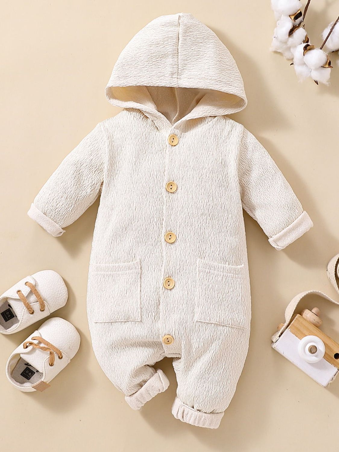 Baby Textured Button Front Hooded Jumpsuit with Pockets