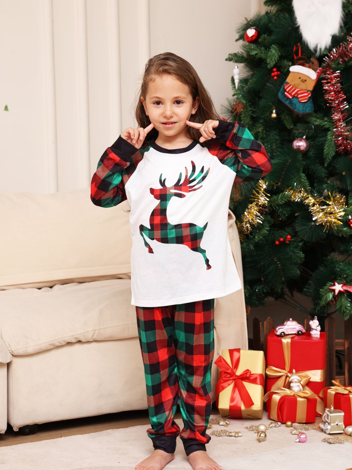 Reindeer Graphic Top and Plaid Pants Set