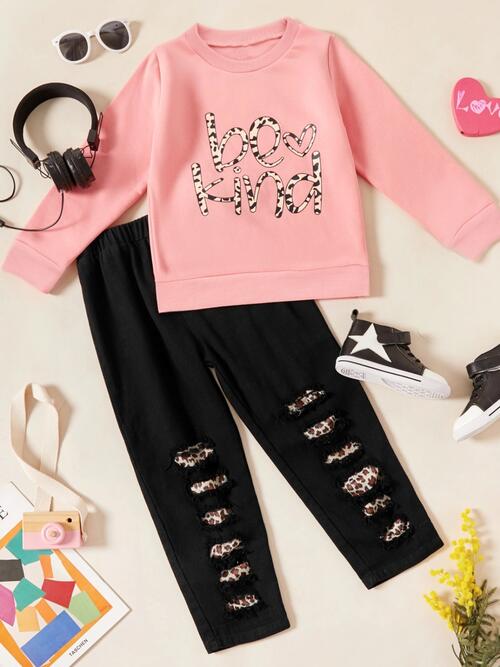 BE KIND Round Neck Top and Leopard Pants Set