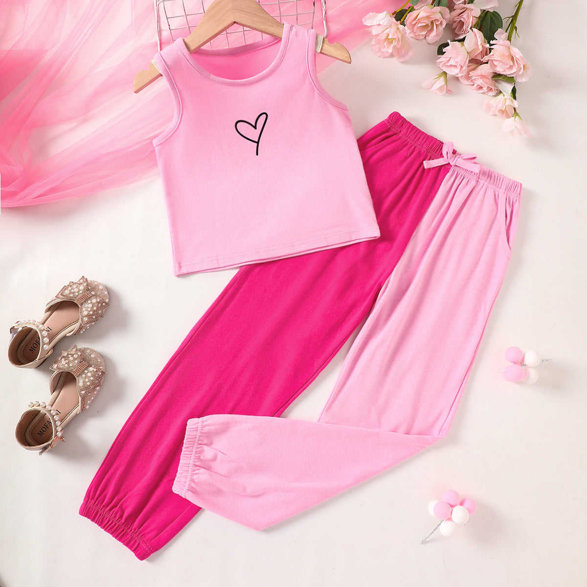 Girls Graphic Tank and Contrast Joggers Set